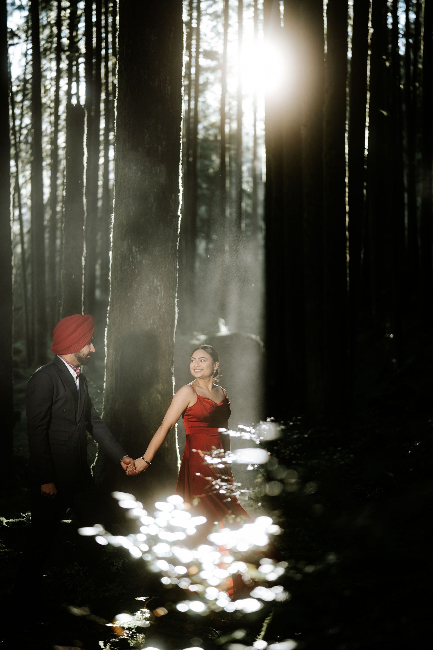 Atmospheric forest scene with dramatic light rays and ground-level illumination.