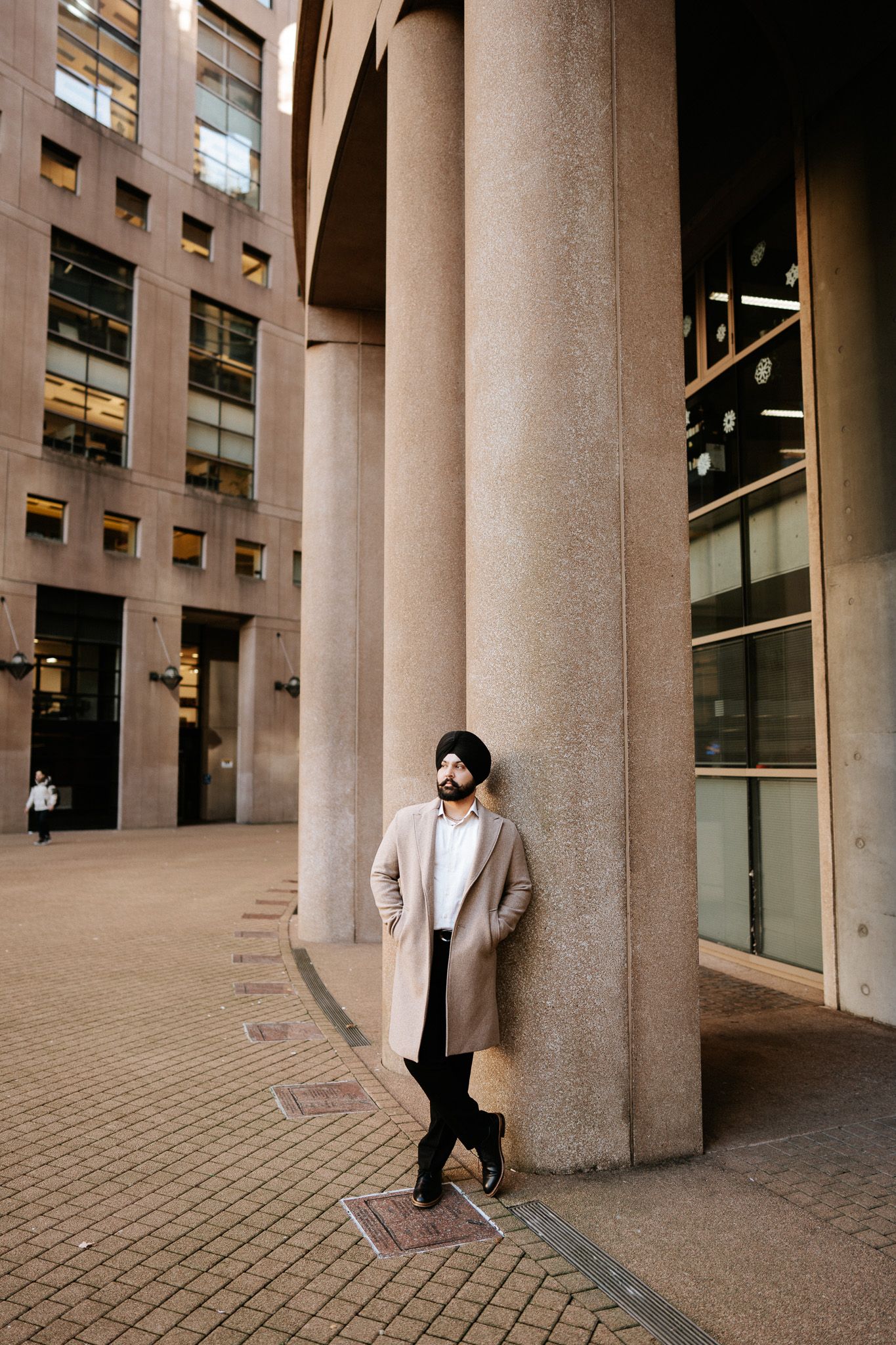 A sequence of architectural photos showing concrete columns and walkways with a person walking through the space.
