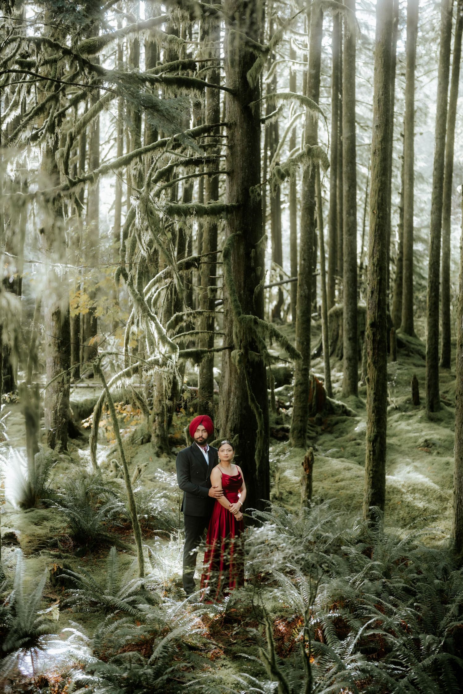 Couple embraces in a mystical forest setting with dramatic lighting and ferns.