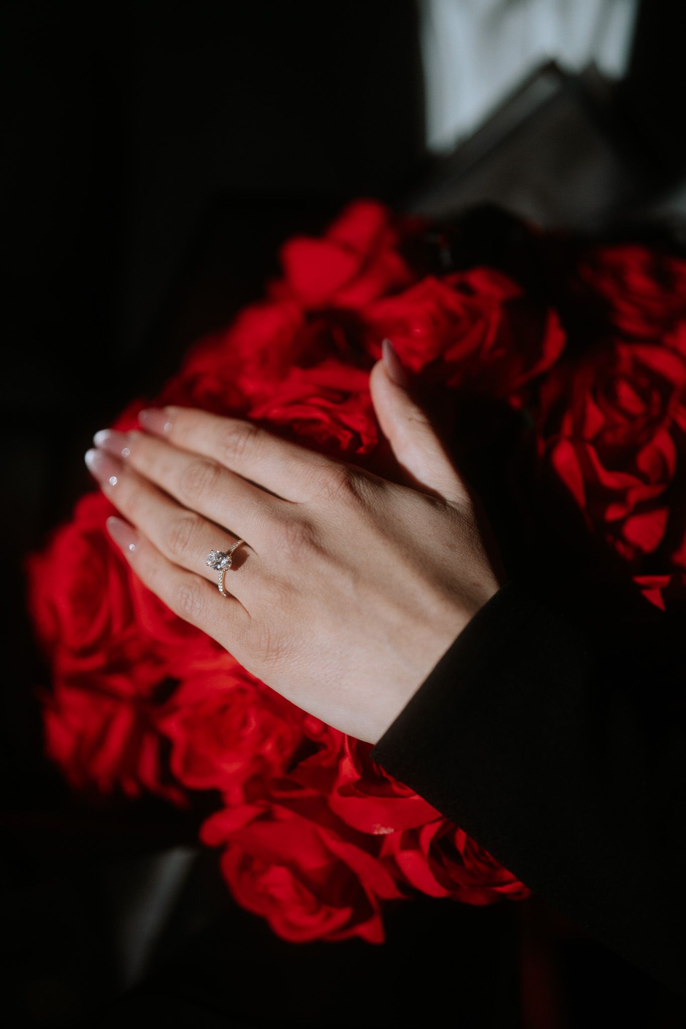A hand wearing an engagement ring rests against vibrant red roses in a dark, moody setting.