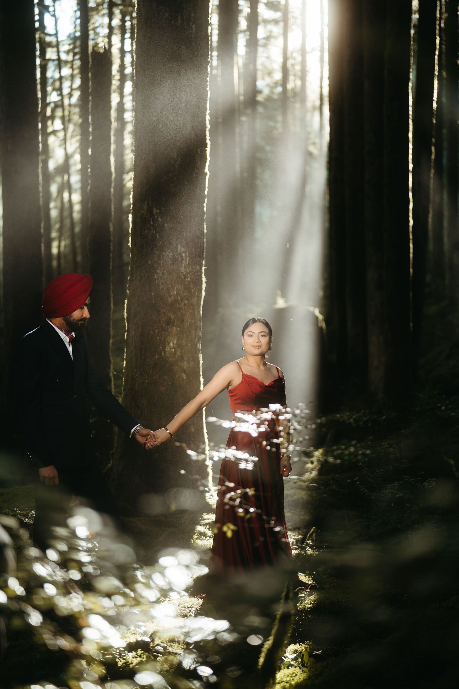 Misty forest scene with ethereal light beams filtering through trees.