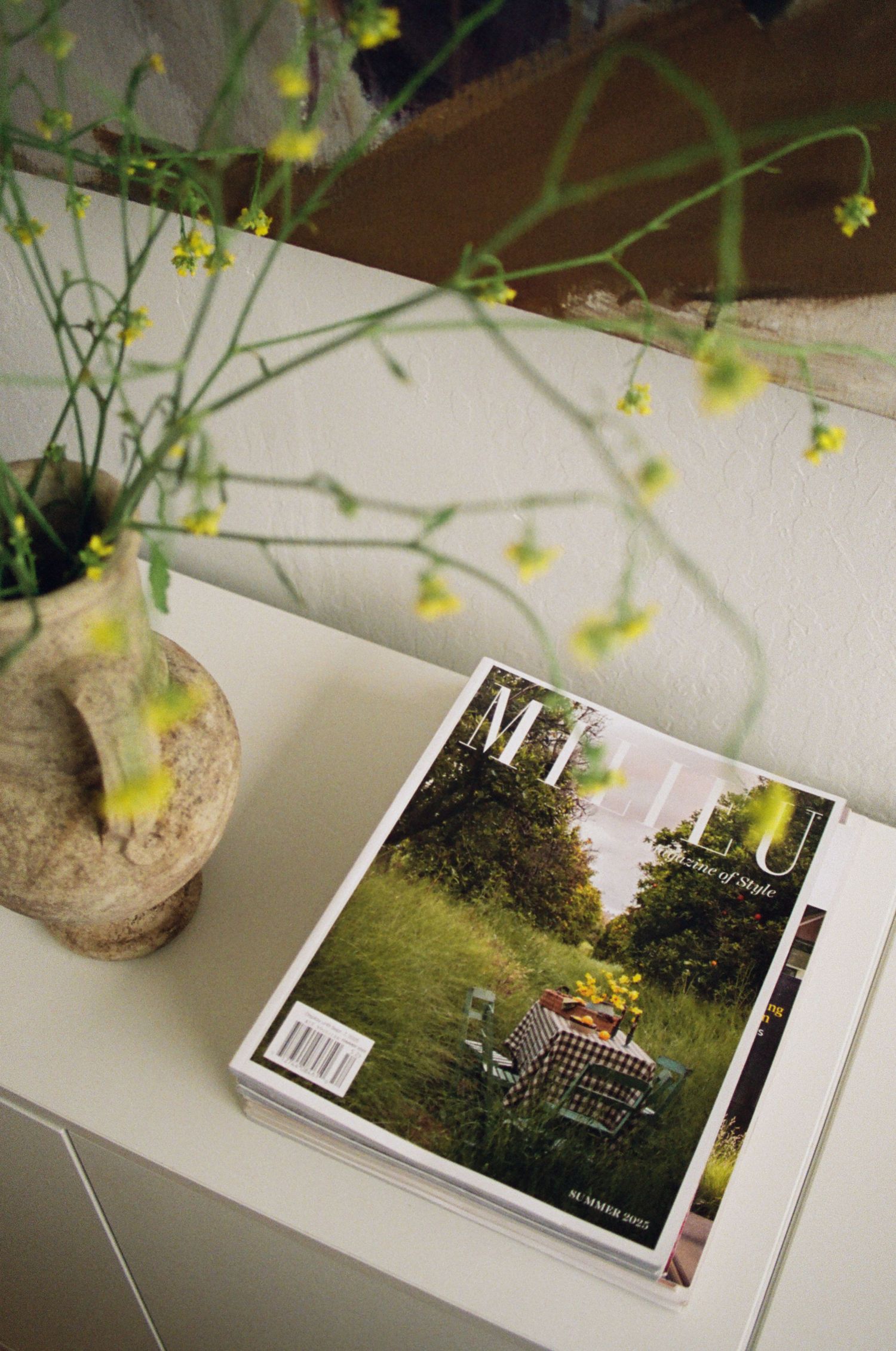 The image shows a magazine cover with a nature scene on the cover, surrounded by green plants and foliage.