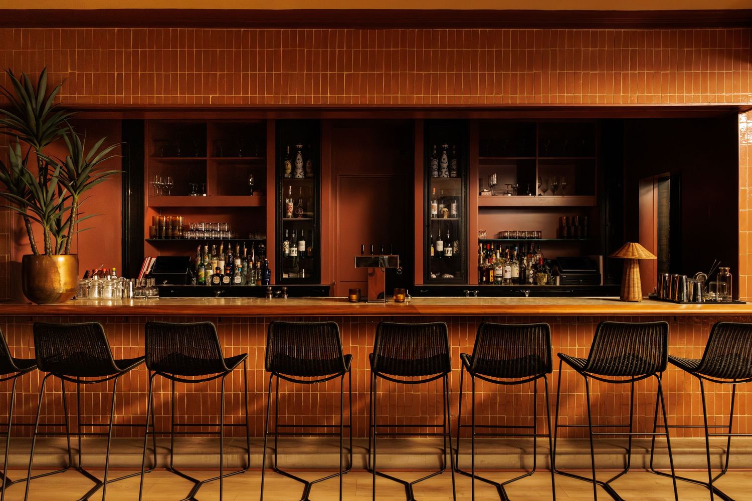 Modern bar interior with wooden accents and row of bar stools in warm lighting.
