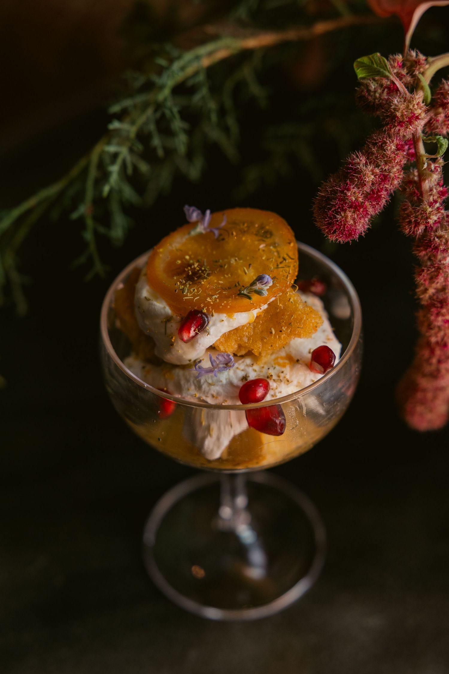 Festive dessert with orange slices and cranberries in a stemmed glass with evergreen decor.