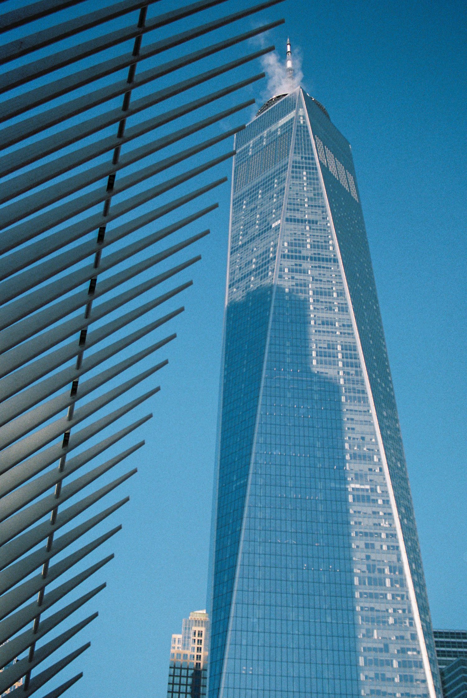 Modern glass skyscraper with angular architecture photographed against bright blue sky through window blinds.