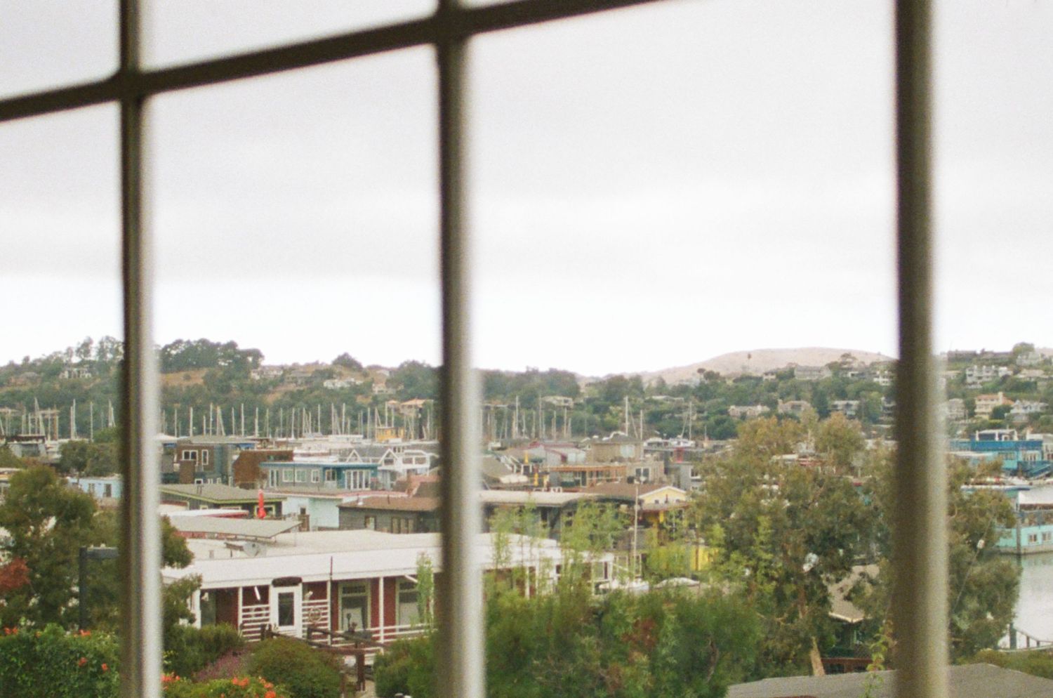Panoramic window view of marina and waterfront buildings through horizontal blinds.