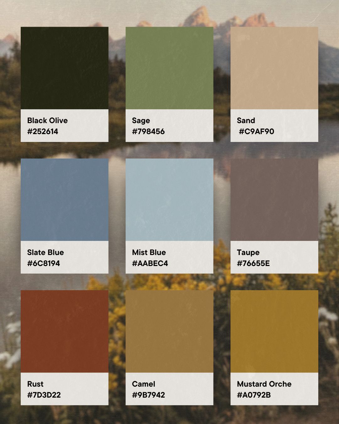 A color palette of earth tones featuring sage green, sand, olive, and muted blue swatches arranged in rows.