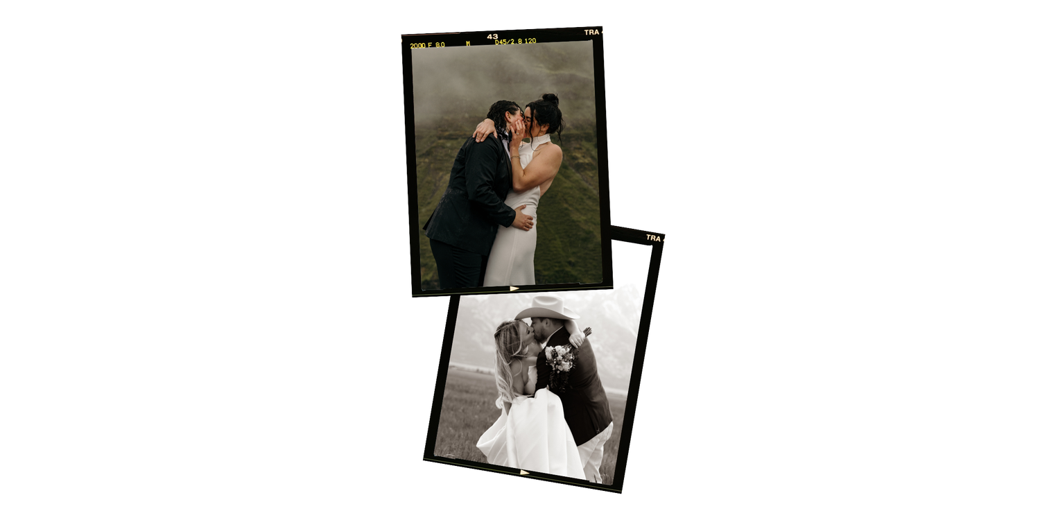 Bride and groom sharing a romantic kiss outdoors, with a black and white photo of the couple below.
