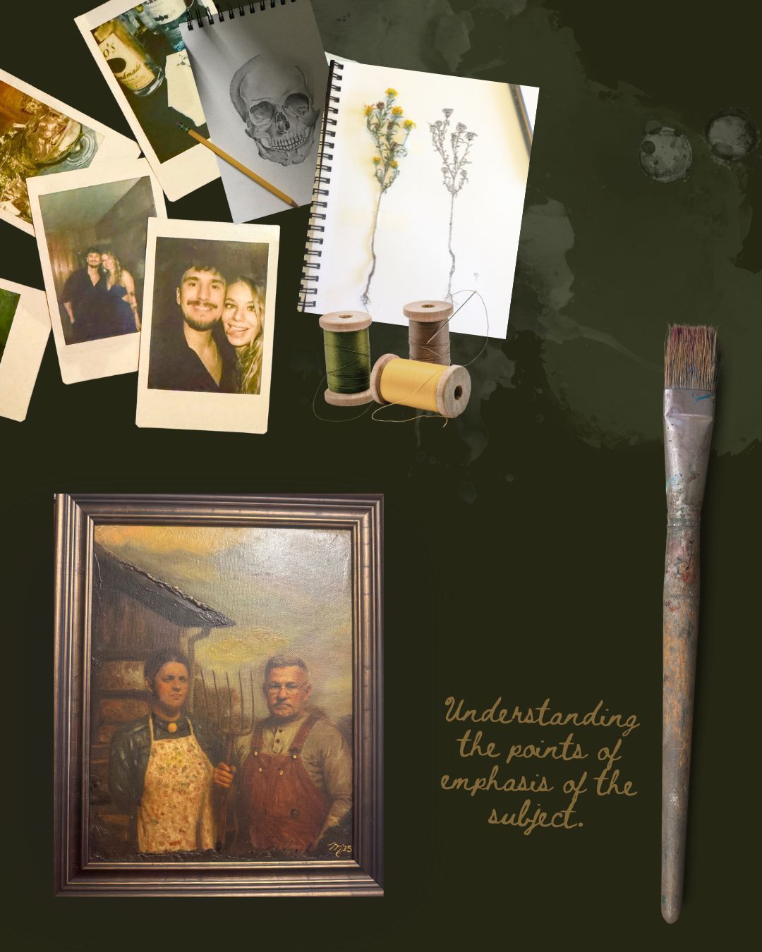 A vintage-style composition with photographs, dried flowers, a spool of thread, and a framed portrait on a dark background.