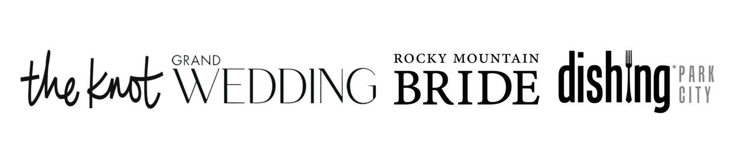 Wedding publication logos including The Knot, Rocky Mountain Bride and Wedding Wishing Well arranged in a row.