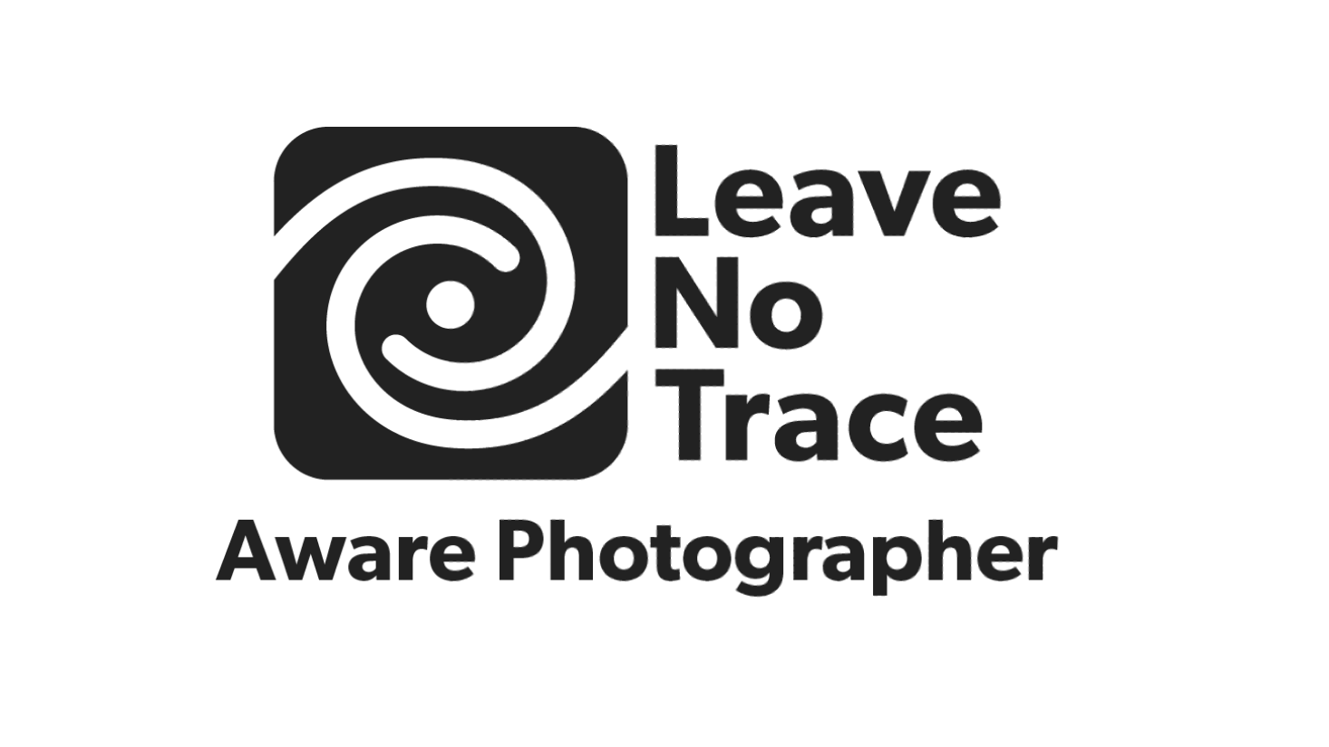 Four circular logo badges showing Leave No Trace principles and Aware Photographer certification.