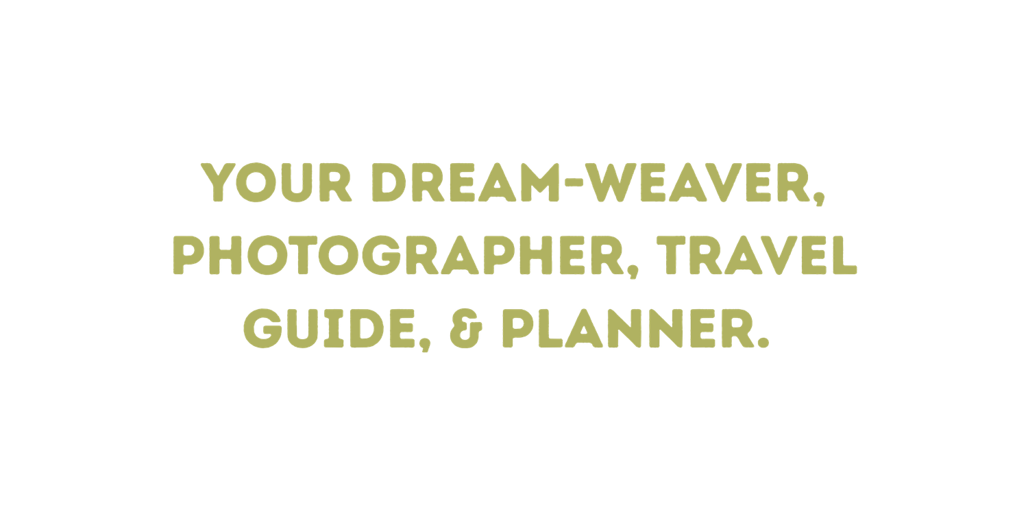A minimalist website header with text in sage green showing titles for dream-weaver, photographer, travel guide and planner.