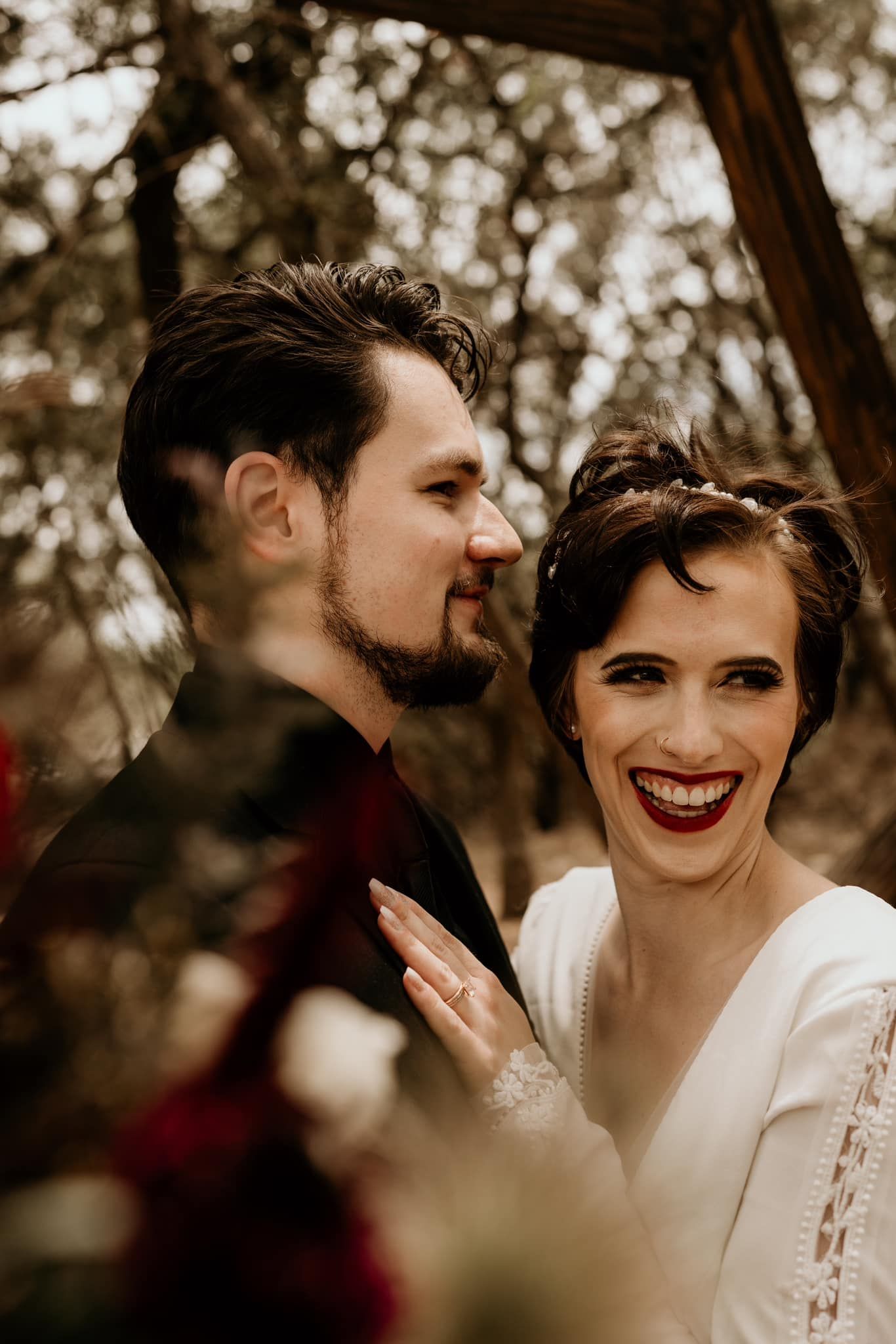 A romantic sepia-toned portrait sequence showing joyful expressions and laughter.