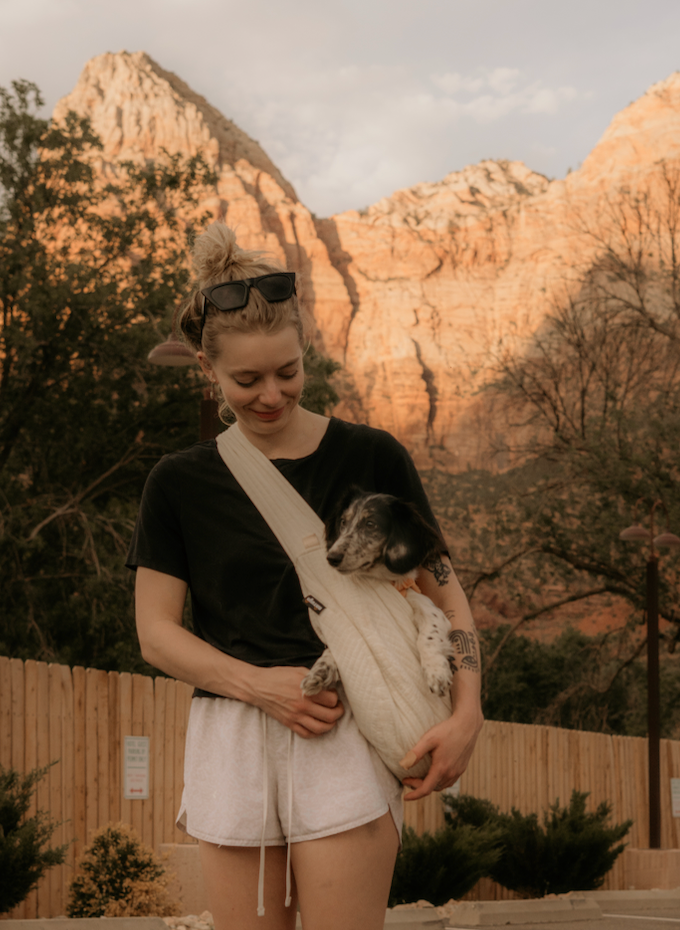 A series of photos showing a person in black and white clothing interacting with a dog against a backdrop of orange mountains.