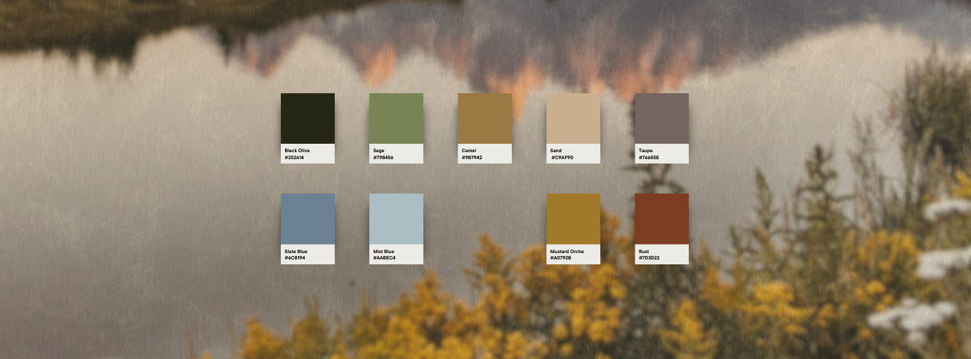 Color palette of earth tones overlaid on a misty lake landscape with autumn foliage and reflective water.