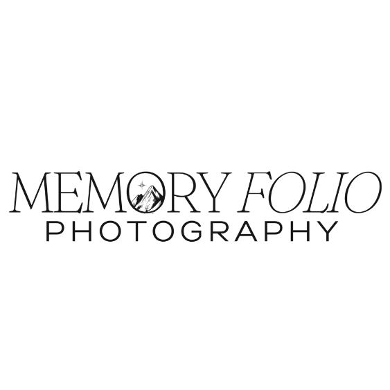 A sleek black and white photography logo design with 'Memory Folio Photography' text and a camera shutter icon.