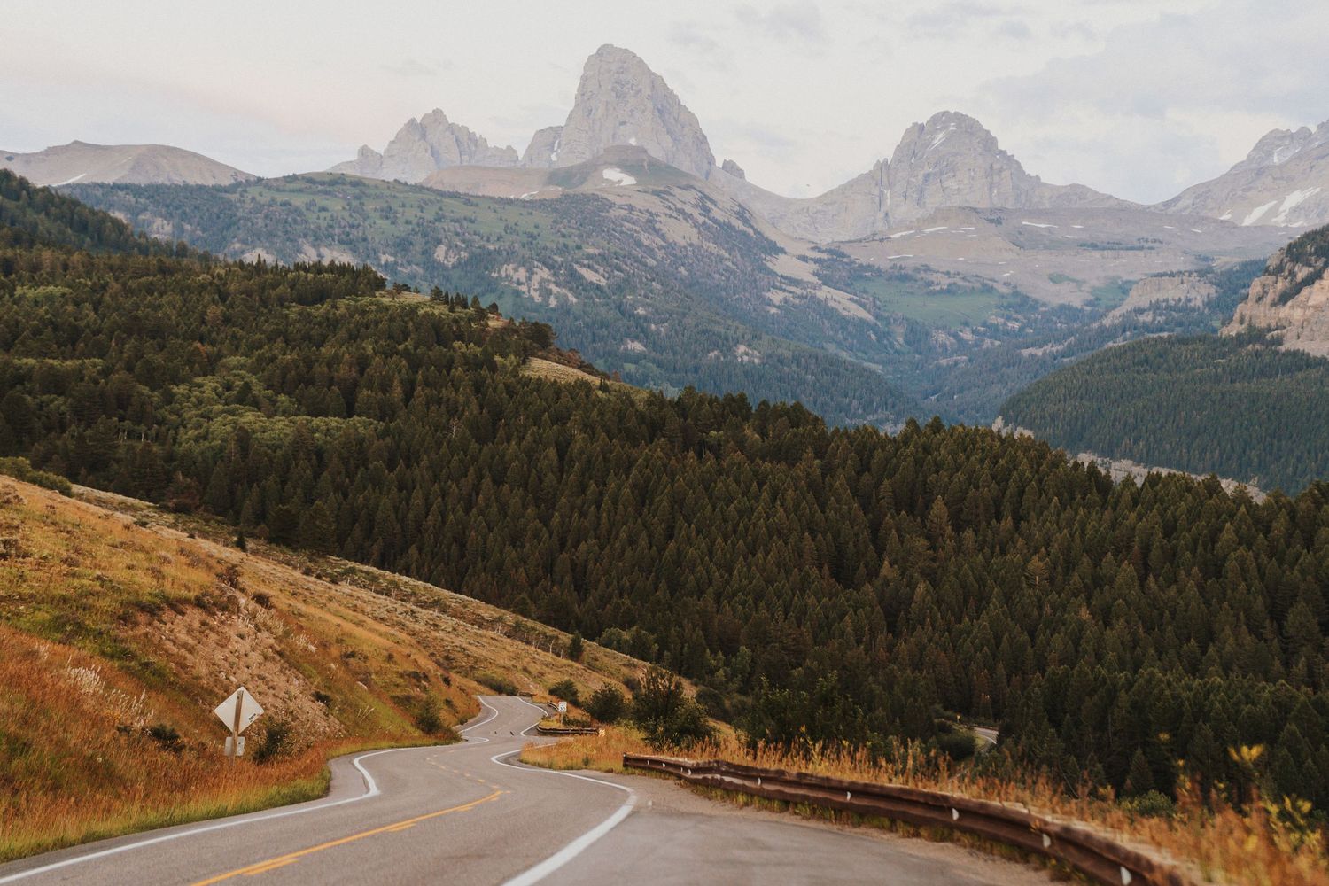 Winding mountain road cutting through dramatic peaks and forest landscape.