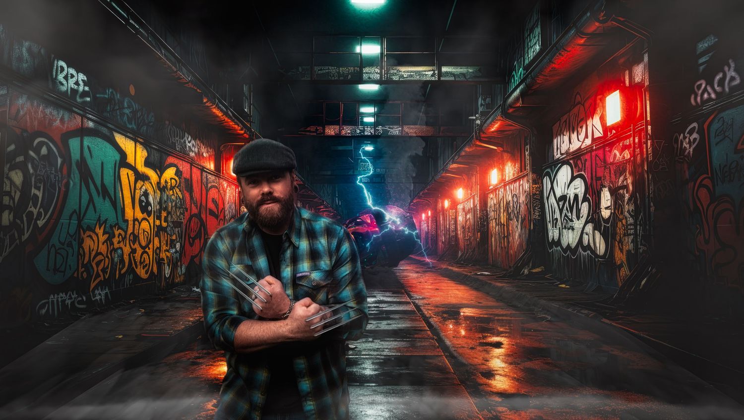 Bearded man in flannel shirt poses in graffiti-covered alley with neon lights and lightning bolt in dark urban setting.