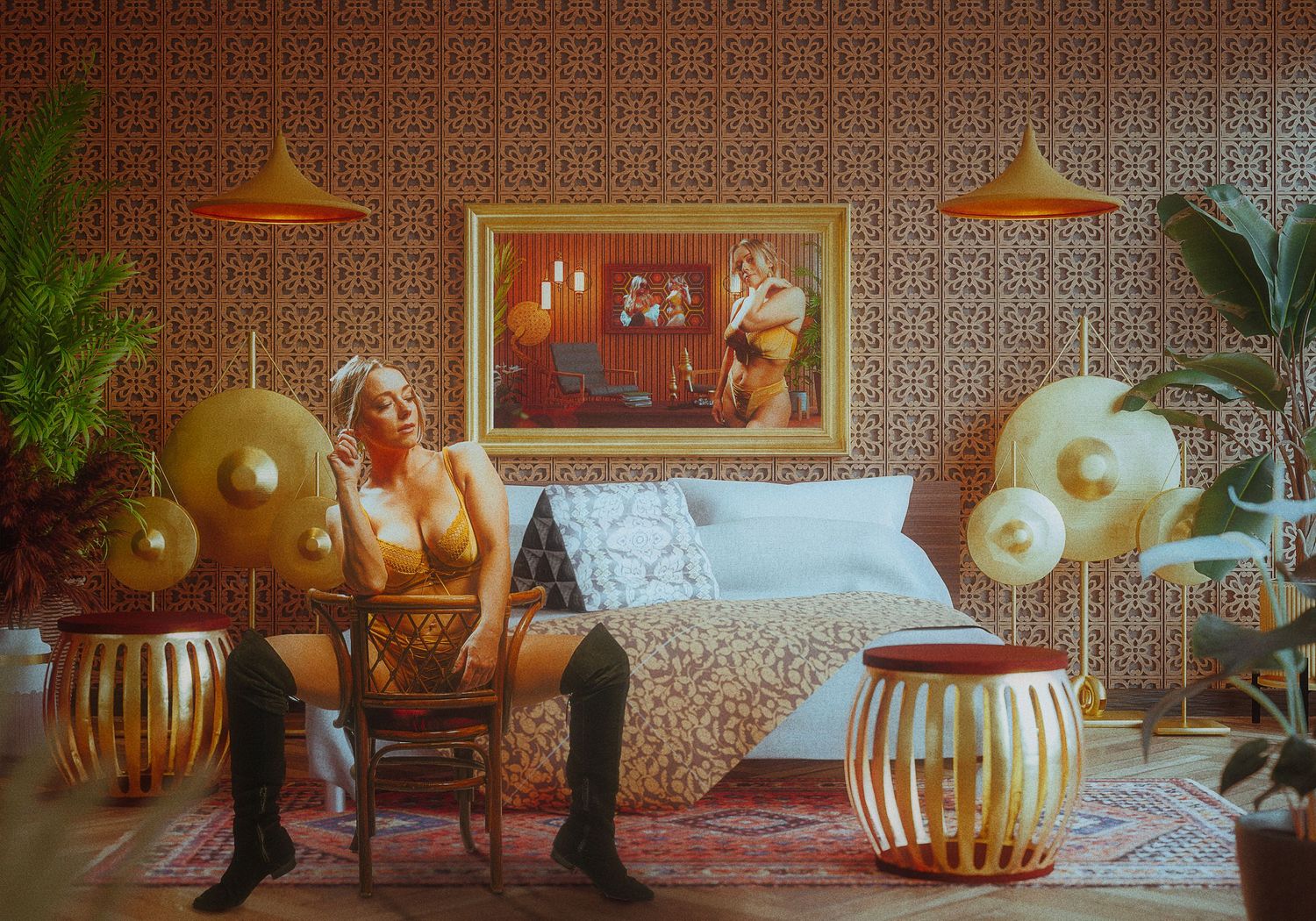 Vintage-styled room interior with ornate wallpaper and decorative pumpkin lanterns.