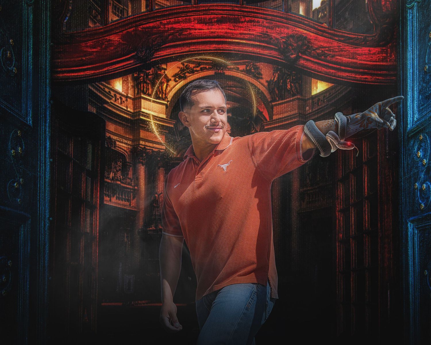 Dramatic portrait in red-lit library interior with theatrical lighting effects.