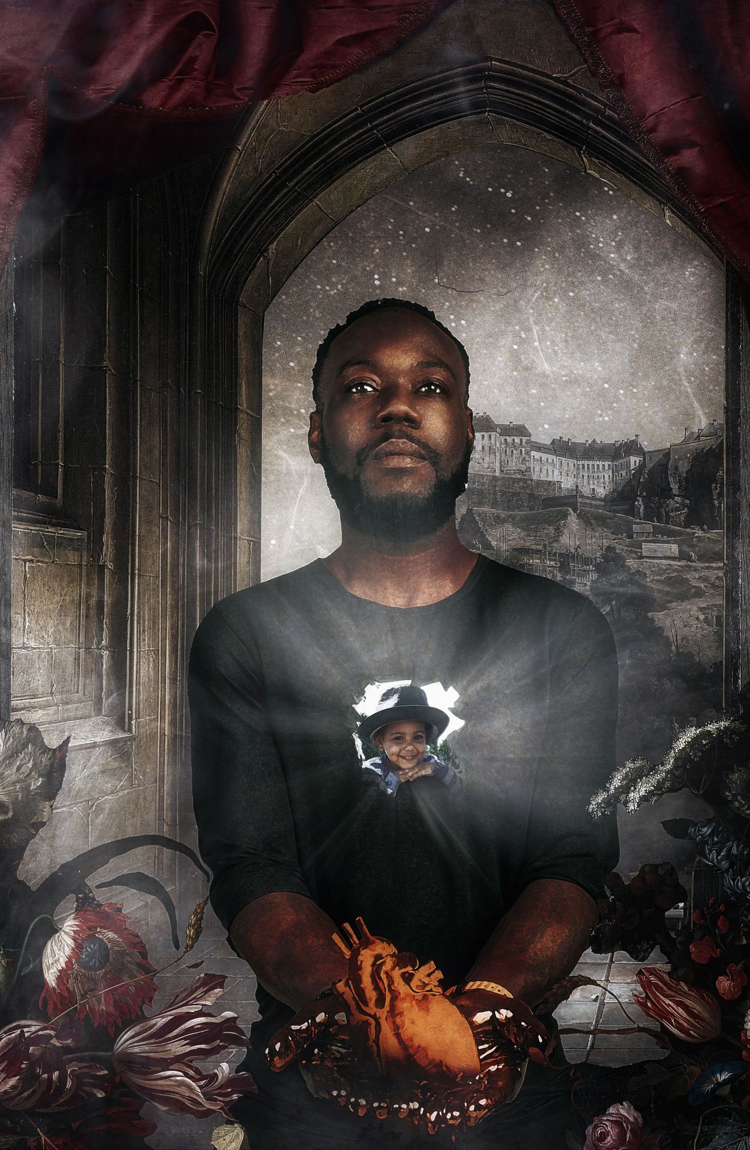 Moody portrait series with dramatic lighting and vintage architectural elements.