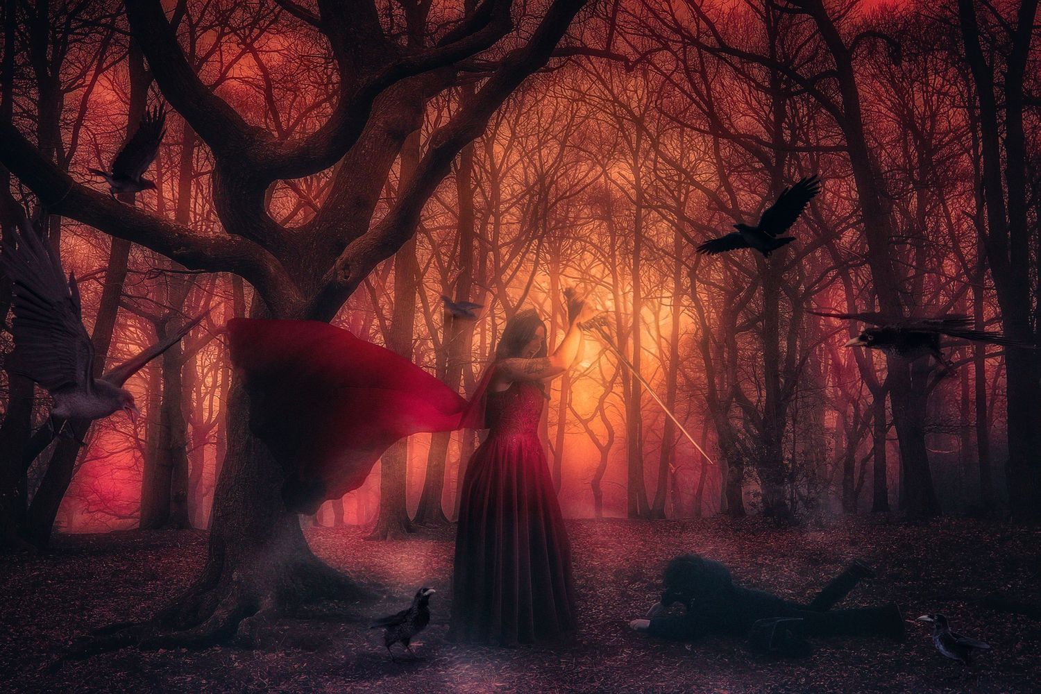 A mystical woman in a red cape stands in a dark enchanted forest surrounded by ravens and an eerie red glow.