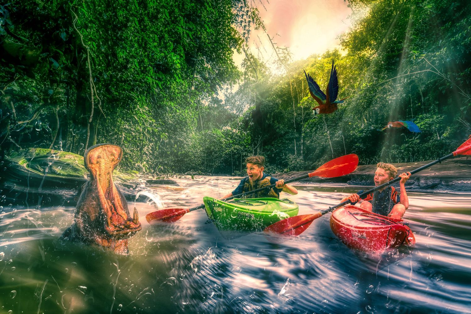 Sunset car photoshoot in a lush green forest with light trails and atmospheric effects.
