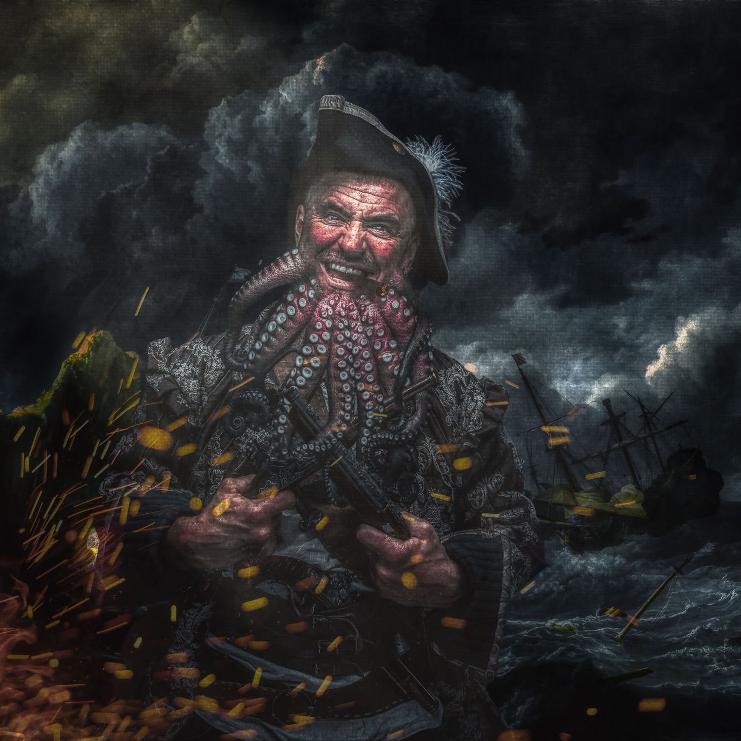 Dark fantasy portrait with octopus tentacles and stormy ocean background.