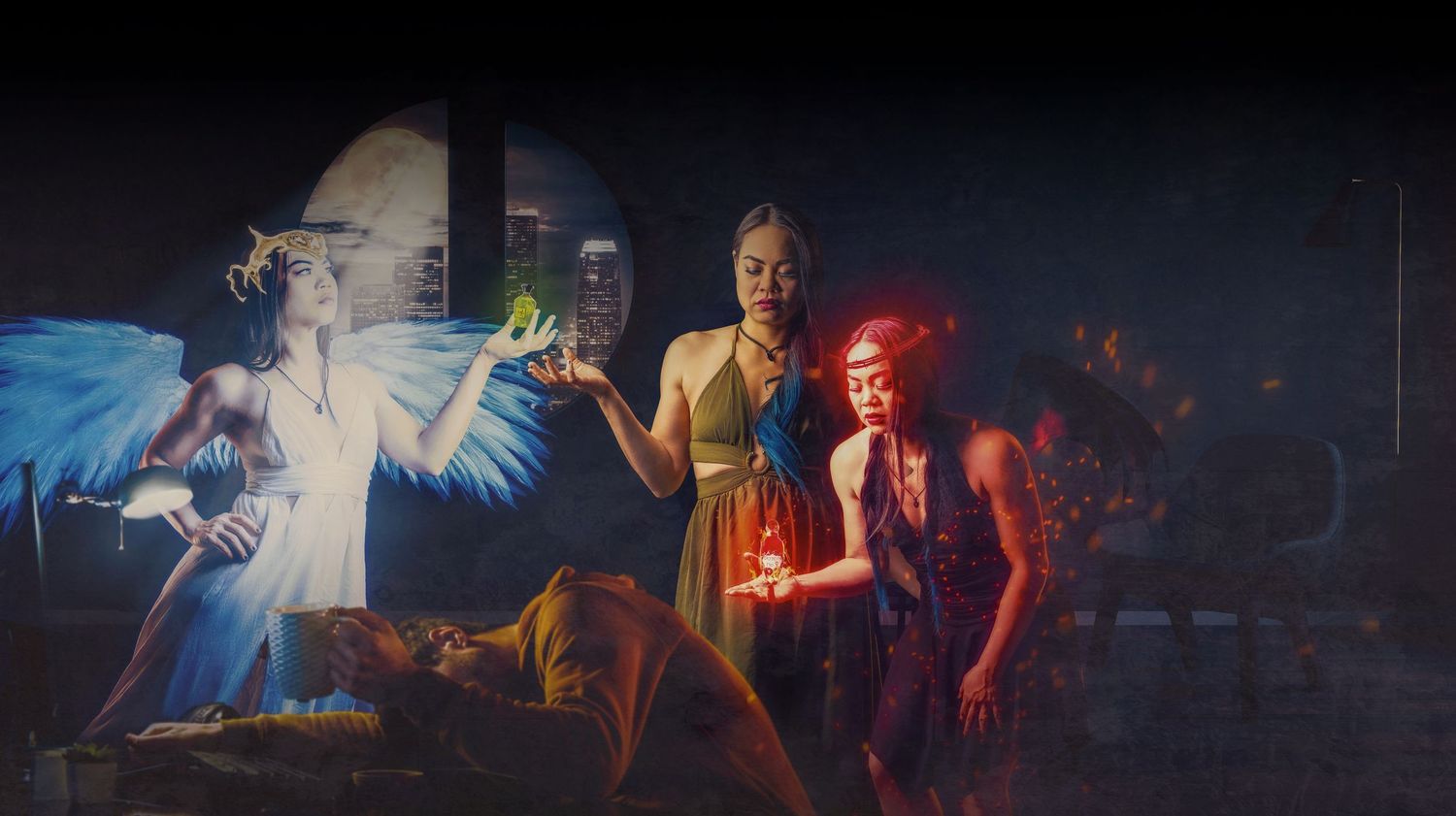 Dramatic fantasy scene with glowing figures in dark setting with magical lighting effects.