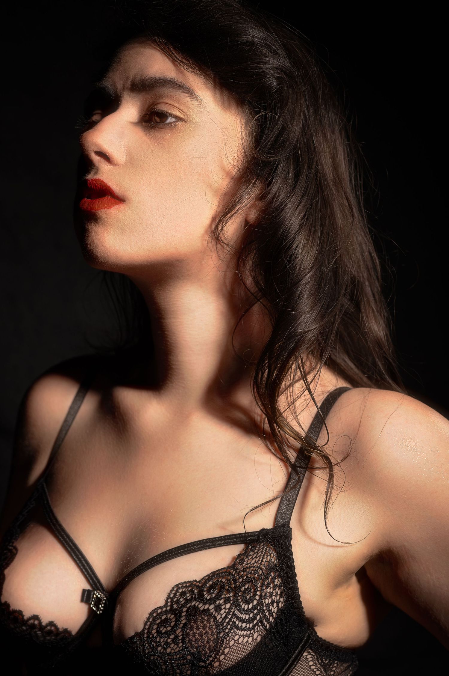 Artistic black and white portraits featuring lace lingerie with dramatic shadows.