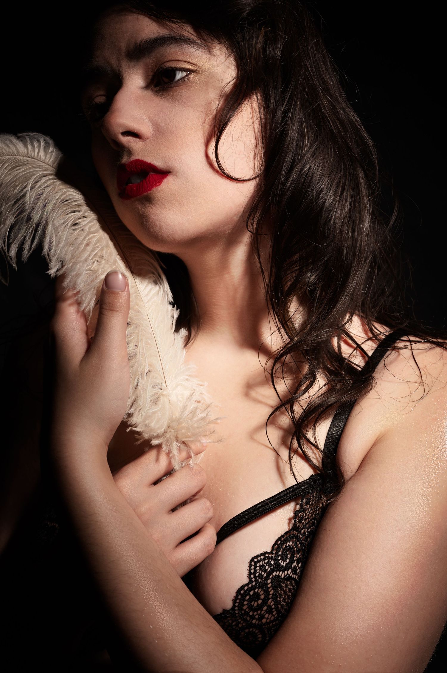 Artistic boudoir photography with dramatic lighting and lace details.