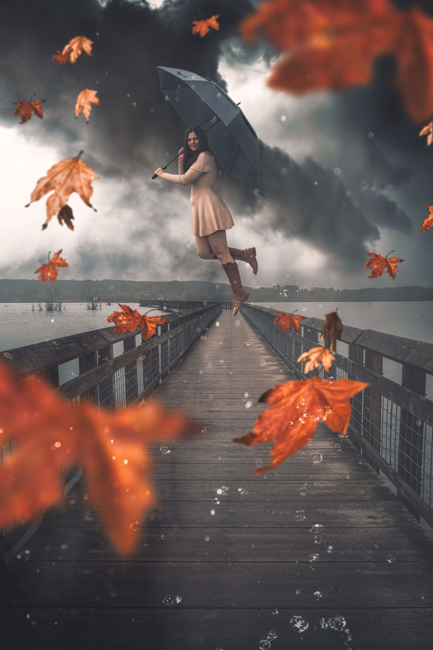 Whimsical autumn scene with floating maple leaves and figure holding umbrella on wooden bridge.