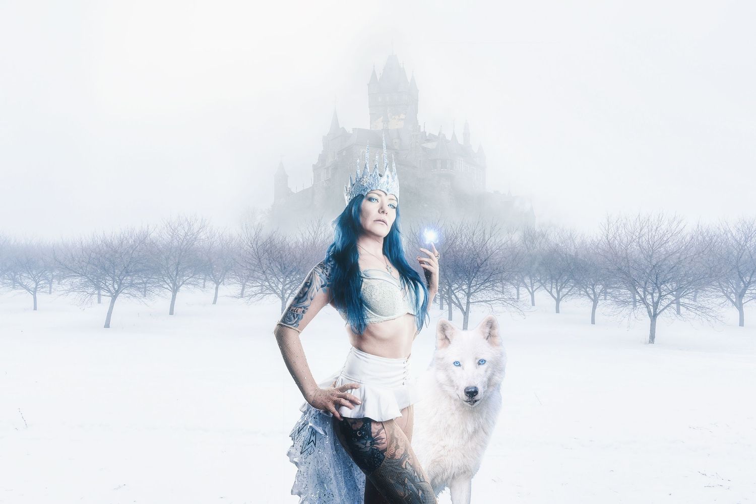 Ethereal winter landscape series with white dogs in snowy orchard setting.