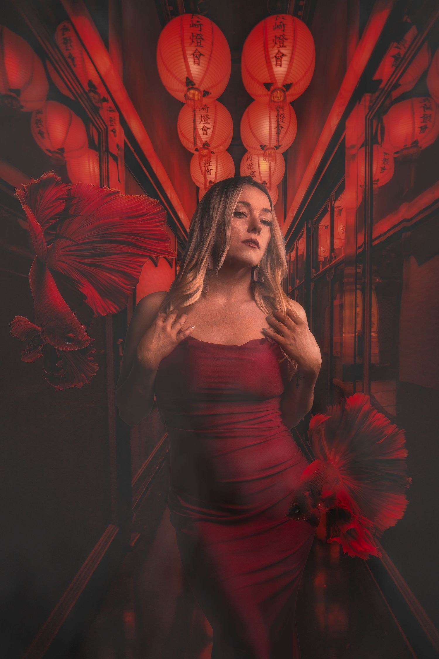 Artistic photo series with red lanterns creating dramatic lighting and atmosphere.