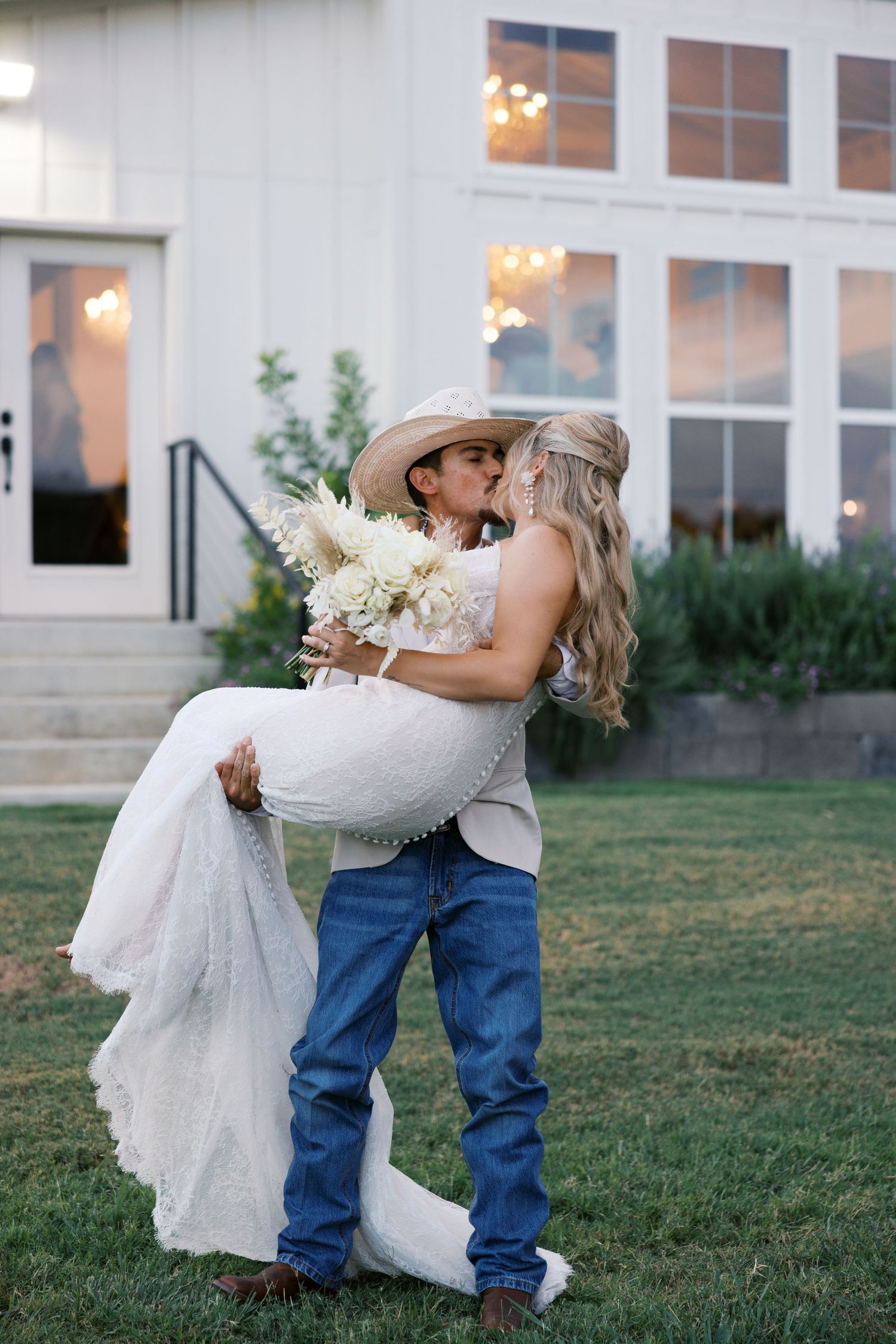 A sequence of outdoor wedding photos showing a romantic dance on a grassy lawn at dusk.
