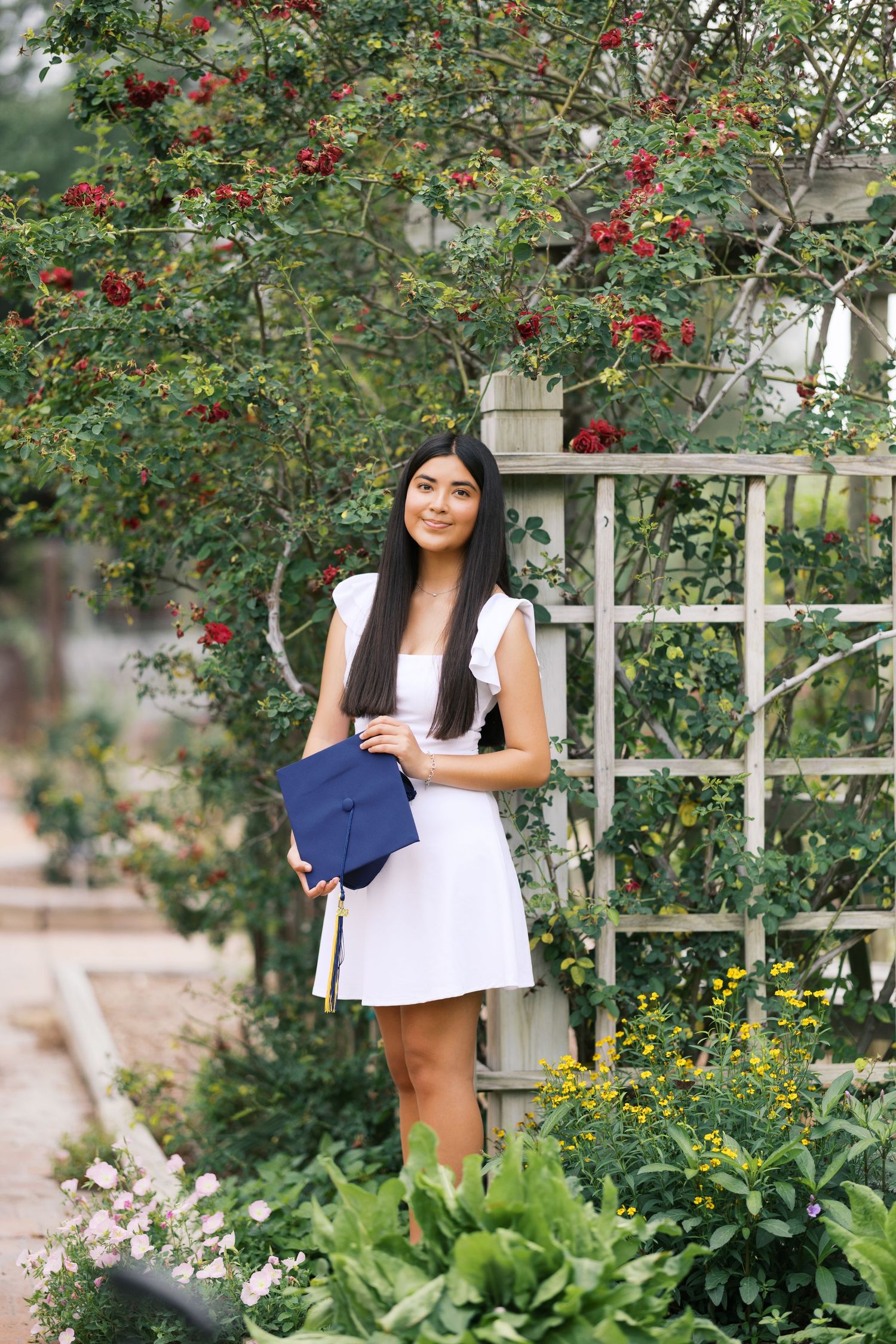 Young woman in white dress holding navy graduation cap poses outdoors among red roses and lush greenery.
