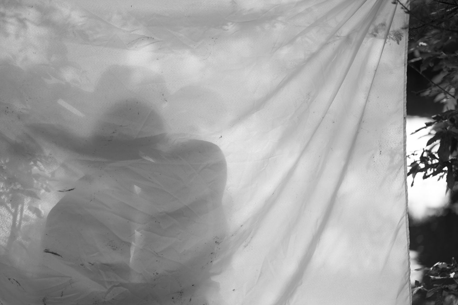 White fabric billows softly against a light background creating an ethereal atmosphere.