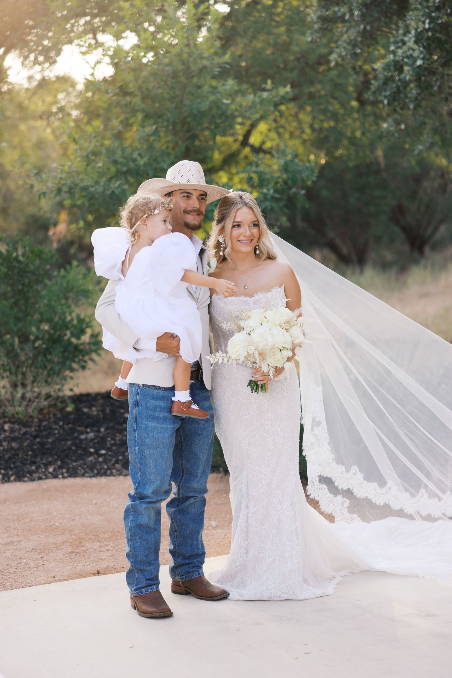 Wedding photo sequence showing a flowing white bridal gown and cowboy boots in an outdoor garden setting.