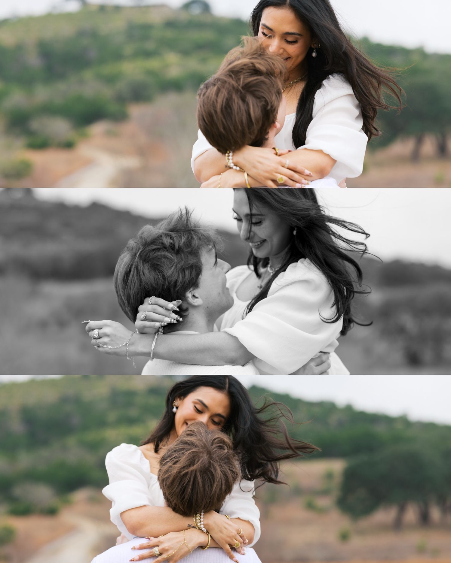 A series of emotional embraces captured in both color and black and white photographs outdoors.