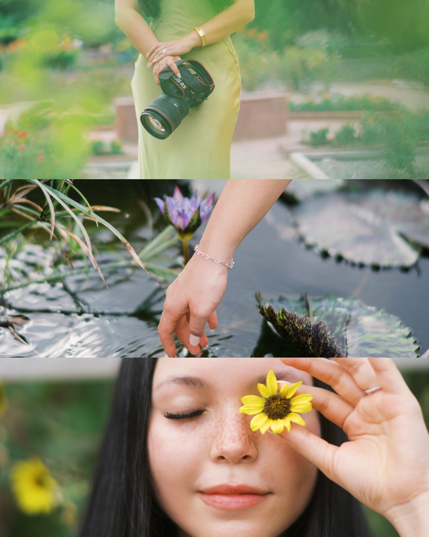 Creative portrait series with a sunflower held over one eye in a garden setting.
