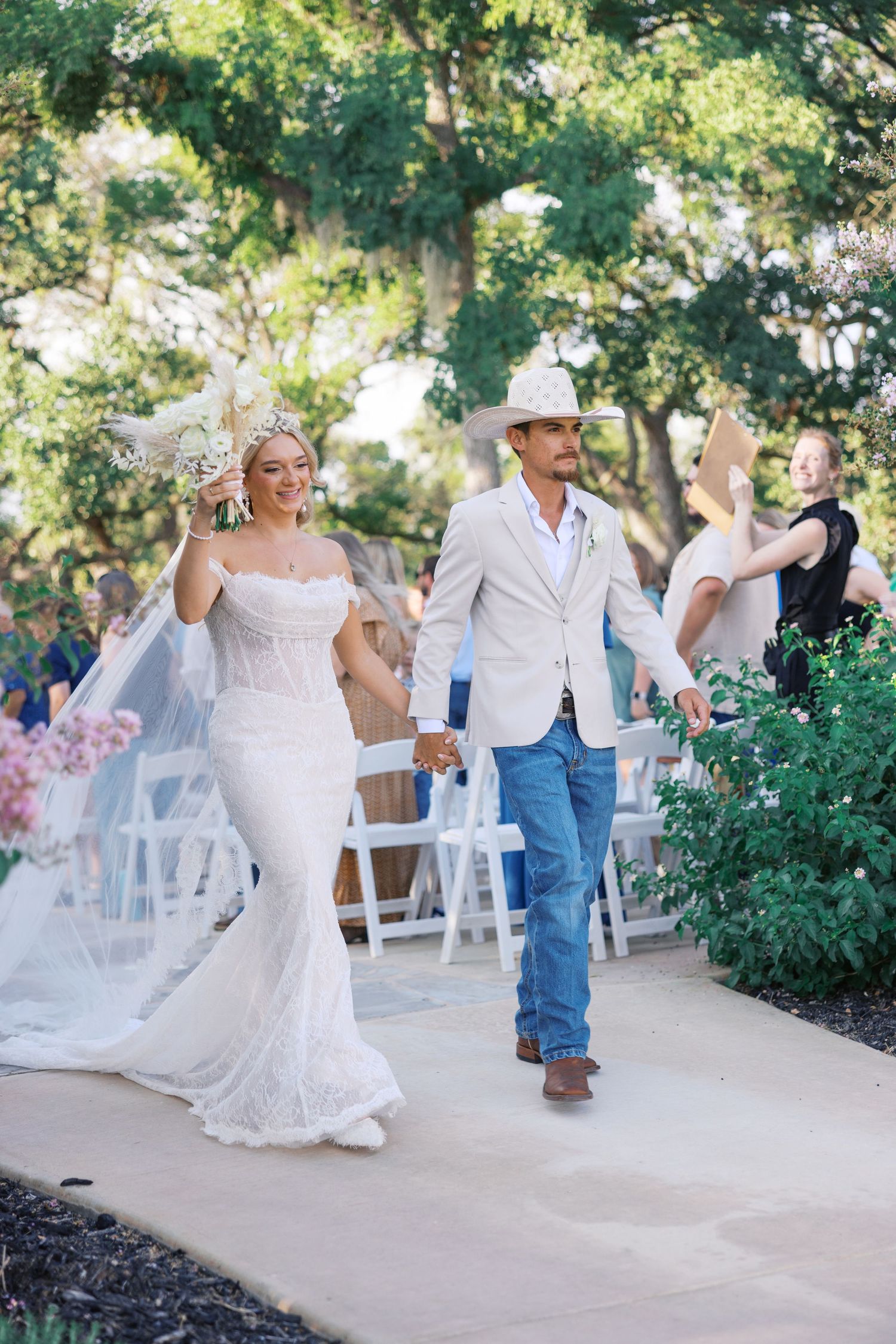 A sequence of outdoor wedding dance photos with white chairs and flowering trees in the background.