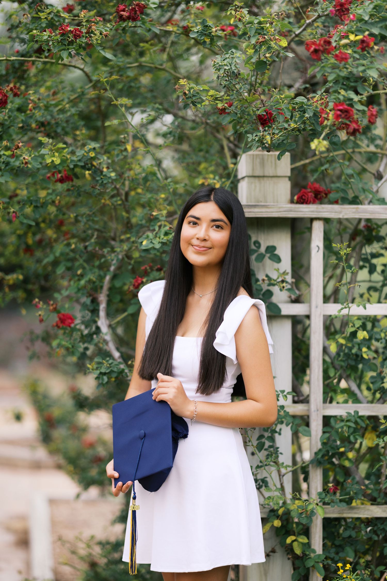 Young woman in white dress holding navy graduation cap poses outdoors near red berry bushes and wooden trellis.