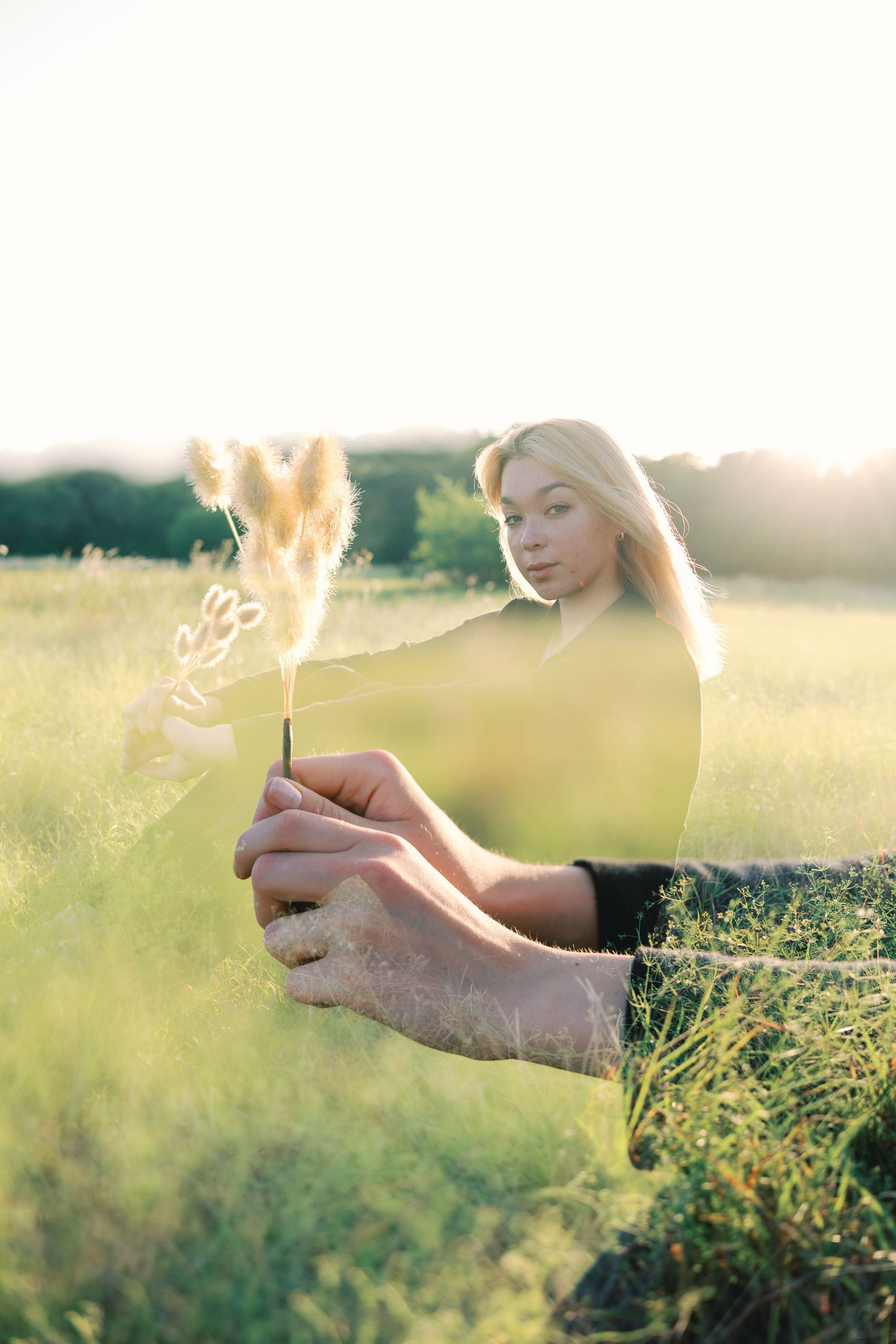 Close-up shots of hands gracefully posed against sunlit grass and wildflowers.