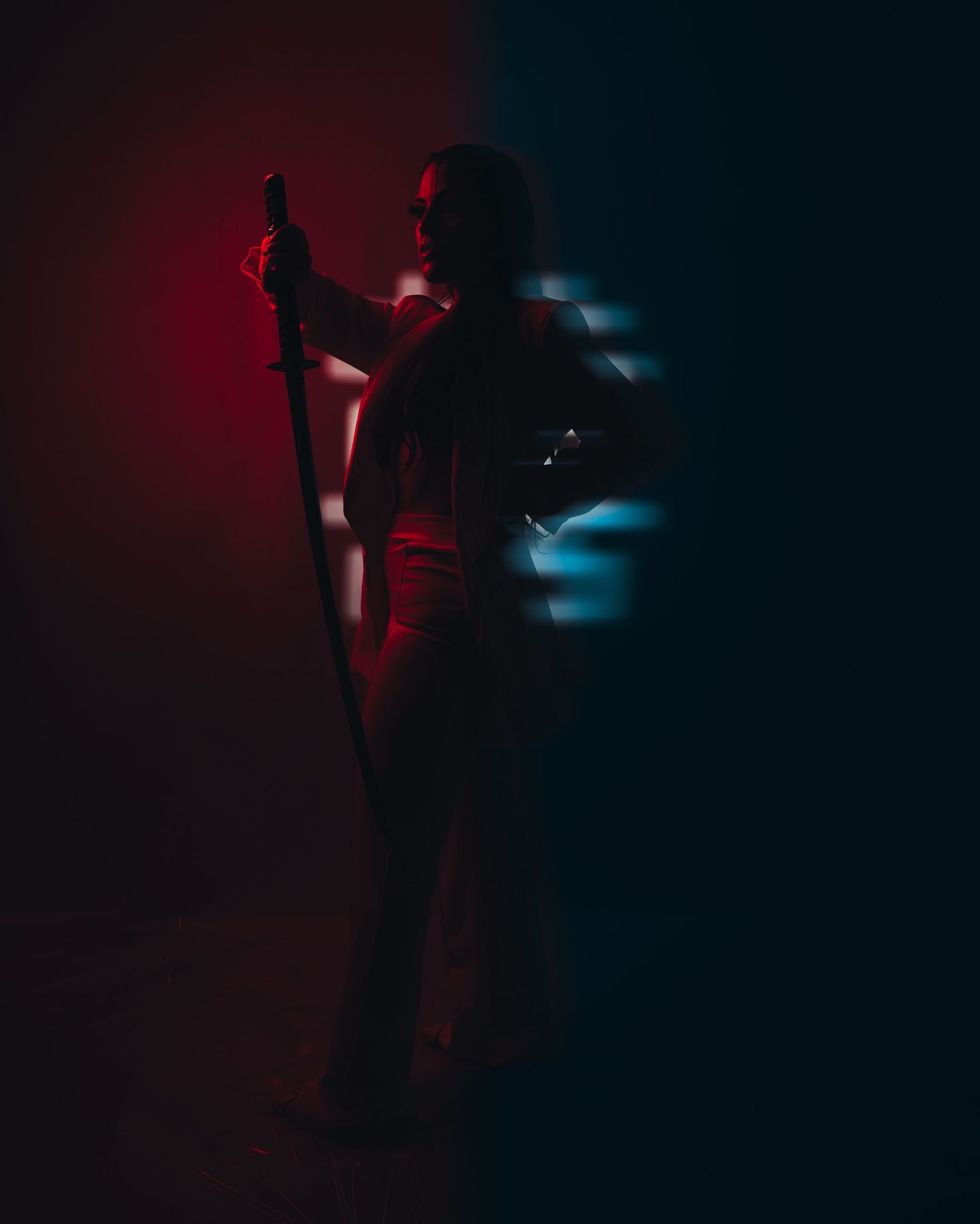 Gritty, action-inspired portrait with dramatic red and cyan lighting, capturing a bold and cinematic rockstar vibe.