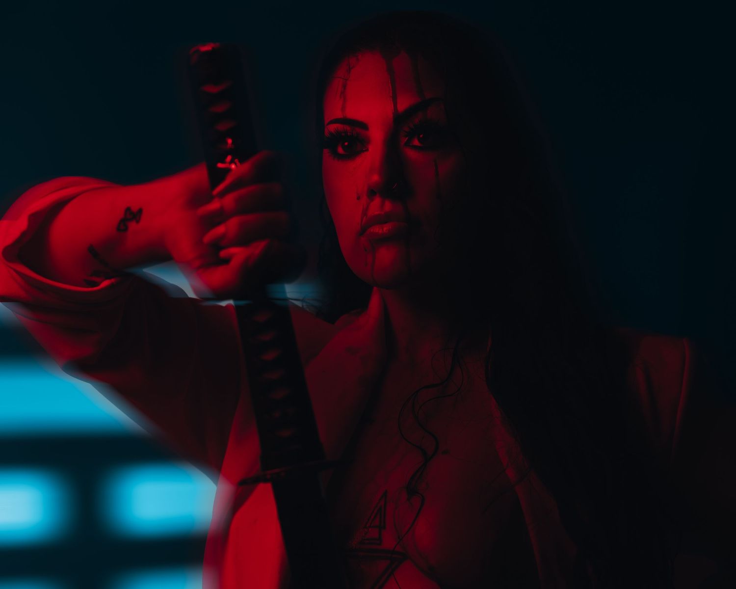 Gritty, action-inspired portrait with dramatic red and cyan lighting, capturing a bold and cinematic rockstar vibe.