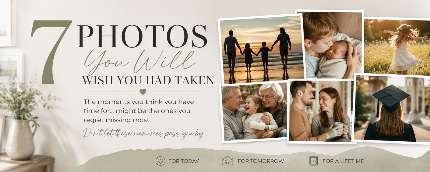 A collage of seven family photos with text overlay reading 7 Photos You Will Wish You Had Taken.