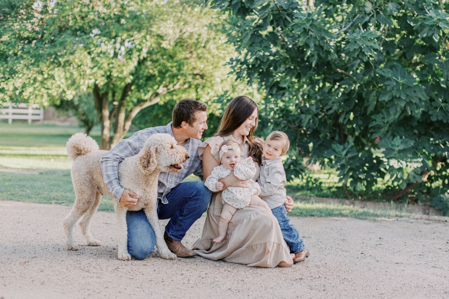 Family with two young children and a golden dog sitting together on a sandy path surrounded by green trees outdoors.