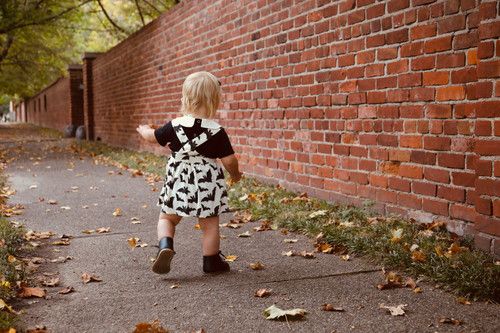 A sequence of footsteps and legs walking along a brick wall lined with autumn leaves.