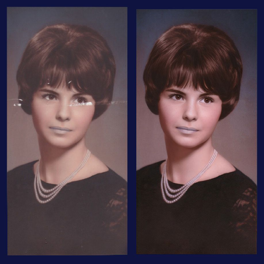 Faded and scratched photo of a woman restored and repaired.