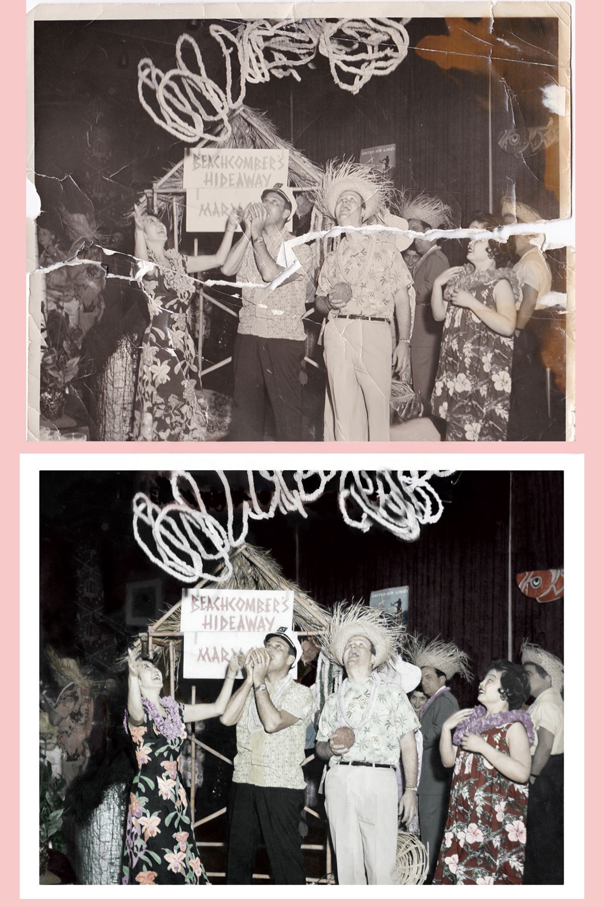 A very damaged hula photo taken in the 1950's repaired and colorized by Landeros Photo Repair.